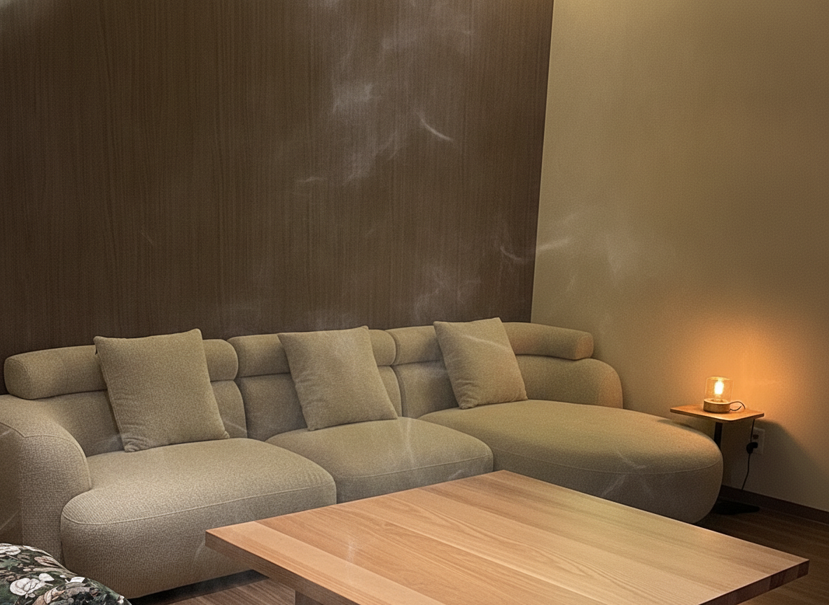 A sage-olive curved sofa and a bare light-wood low table, a small amber lamp glowing at the far end