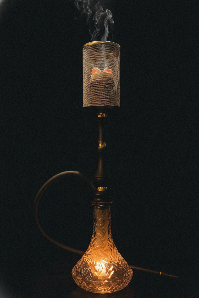 An artisan shisha with a matte-black brass-ringed stem and a cut-crystal base glowing amber, smoke rising from the bowl