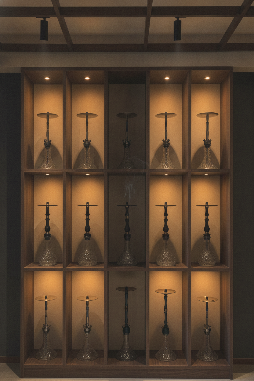 A walnut grid shelf of artisan shisha pipes on cut-glass bases, each niche spot-lit under a wooden-lattice coffered ceiling