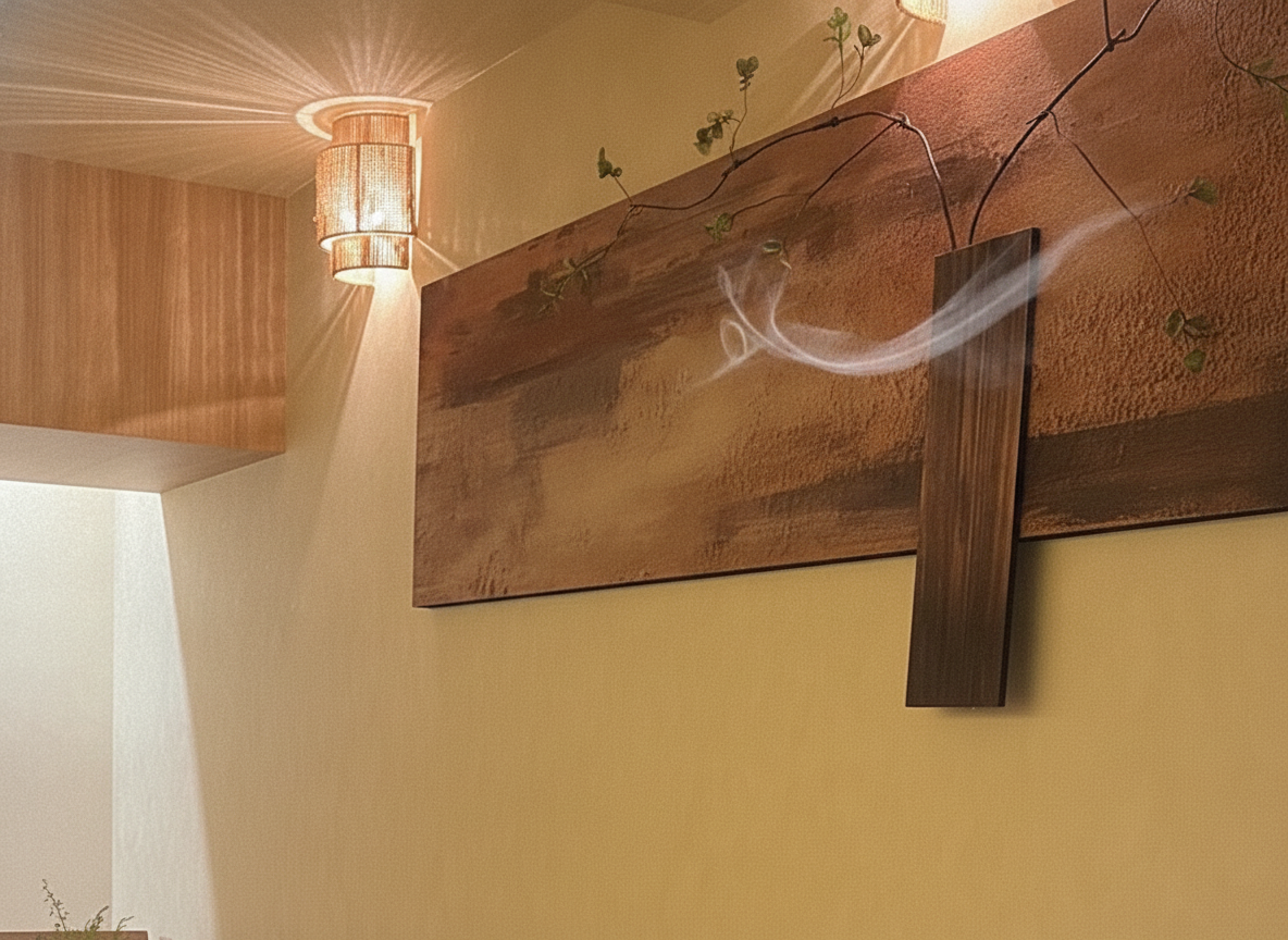 A woven sconce raking warm light across a rust-brown wood art panel on a plaster wall, smoke crossing the beam